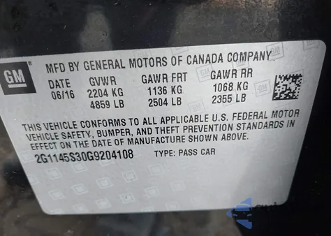 2016 Chevrolet Impala 2Lz z USA, uszkodzony, nr VIN 2G1145S30G9204108